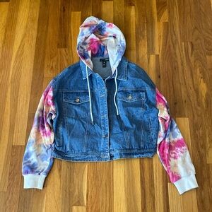 Aqua Women’s Blue Denim Jacket With Tie Dye Sleeves and Hood Size S